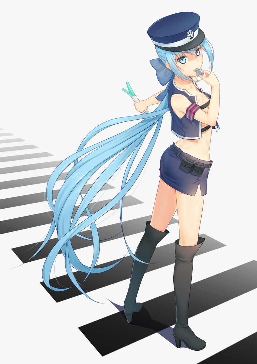 alternate_costume alternate_hairstyle anarchojs armband ass bare_shoulders belt belt_pouch black_footwear blue_eyes blue_hair blue_hat blue_skirt blue_vest blush boots bow breasts cleavage crosswalk from_behind full_body hair_bow hat hatsune_miku highres holding knee_boots legs_apart long_hair looking_at_viewer looking_back low_ponytail miniskirt no_bra open_clothes open_vest outstretched_arm police police_uniform policewoman pouch skirt sleeveless small_breasts solo spring_onion standing uniform very_long_hair vest vocaloid