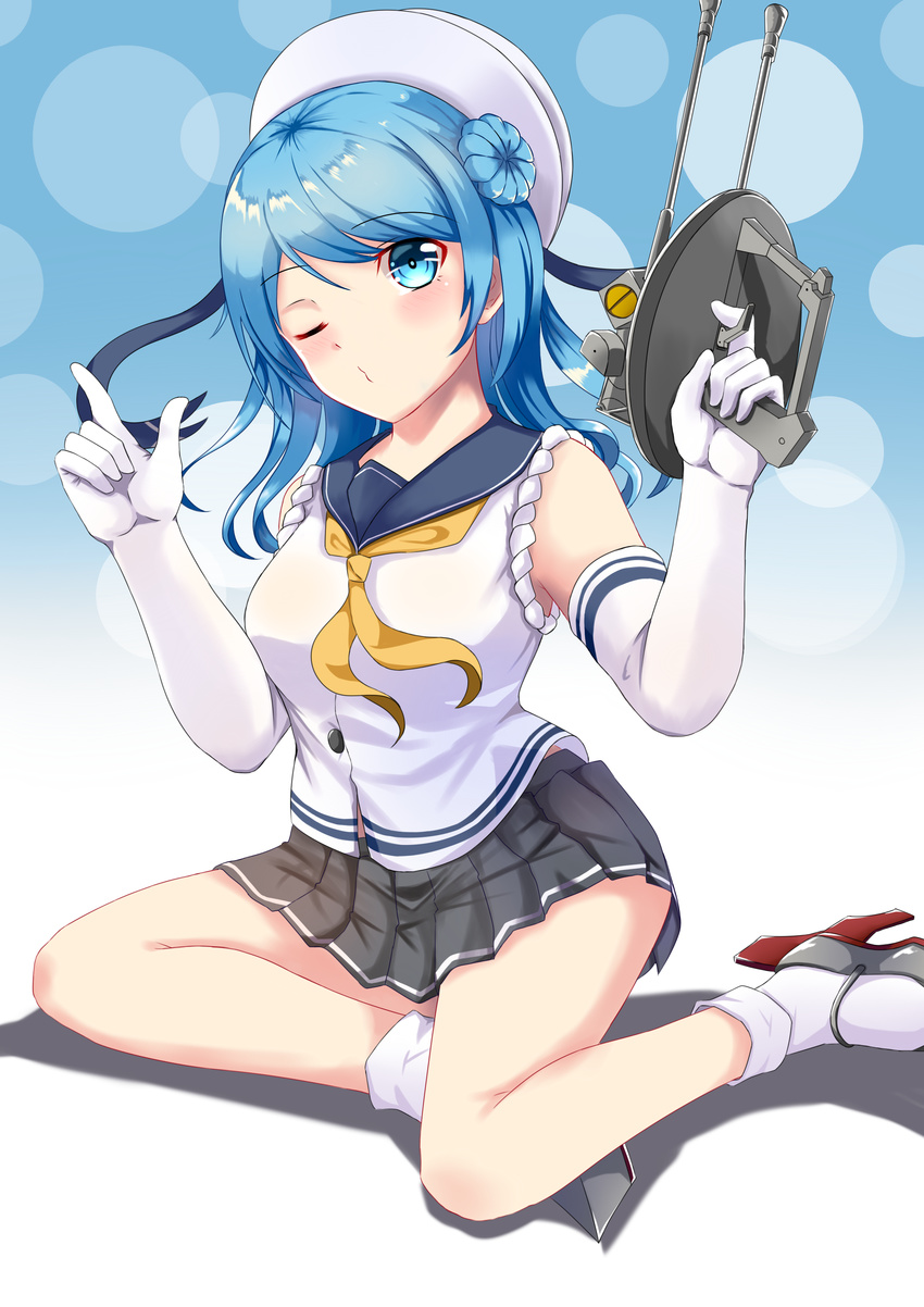 ;o absurdres beret blue_background blue_eyes blue_hair breasts cannon double_bun elbow_gloves gloves hat high_heels highres kantai_collection large_breasts miniskirt neckerchief one_eye_closed pleated_skirt revision ryuu_shuo sailor_hat school_uniform serafuku skirt sleeves_rolled_up socks solo turret urakaze_(kantai_collection) white_gloves white_hat white_legwear yellow_neckwear
