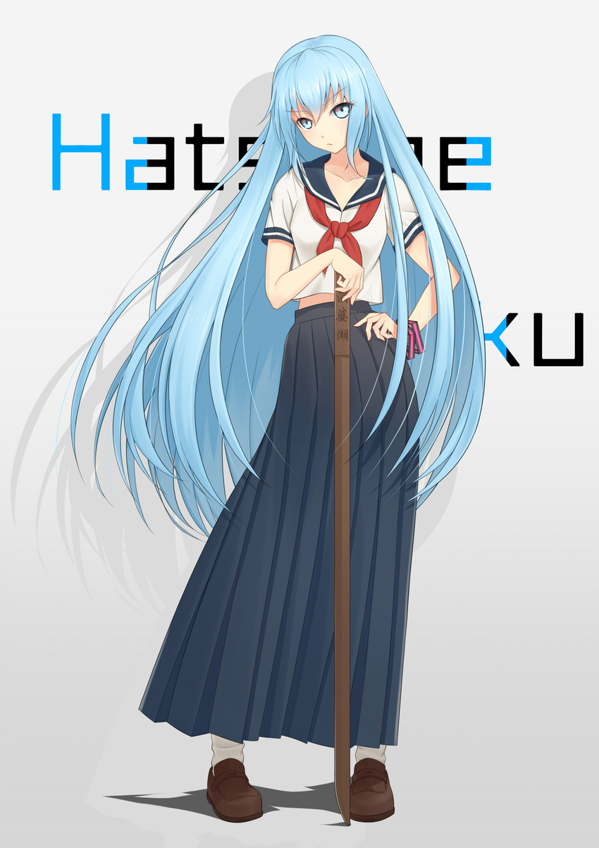 :/ anarchojs black_skirt blue_eyes blue_hair blush bokken bracelet brown_footwear character_name closed_mouth commentary_request contrapposto full_body grey_background hair_down hand_on_hip hatsune_miku highres jewelry legs_apart loafers long_hair long_skirt looking_at_viewer pleated_skirt school_uniform serafuku shirt shoes short_sleeves simple_background skirt socks solo standing sukeban sword v-shaped_eyebrows very_long_hair vocaloid weapon white_legwear white_shirt wooden_sword