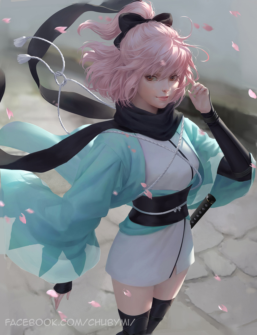 ahoge black_bow black_legwear bow brown_eyes chuby_mi commentary day facebook_username fate/grand_order fate_(series) hair_bow highres long_sleeves looking_at_viewer md5_mismatch nose okita_souji_(fate) okita_souji_(fate)_(all) petals pink_hair realistic sash smile solo standing sunlight sword thighhighs watermark weapon web_address wide_sleeves