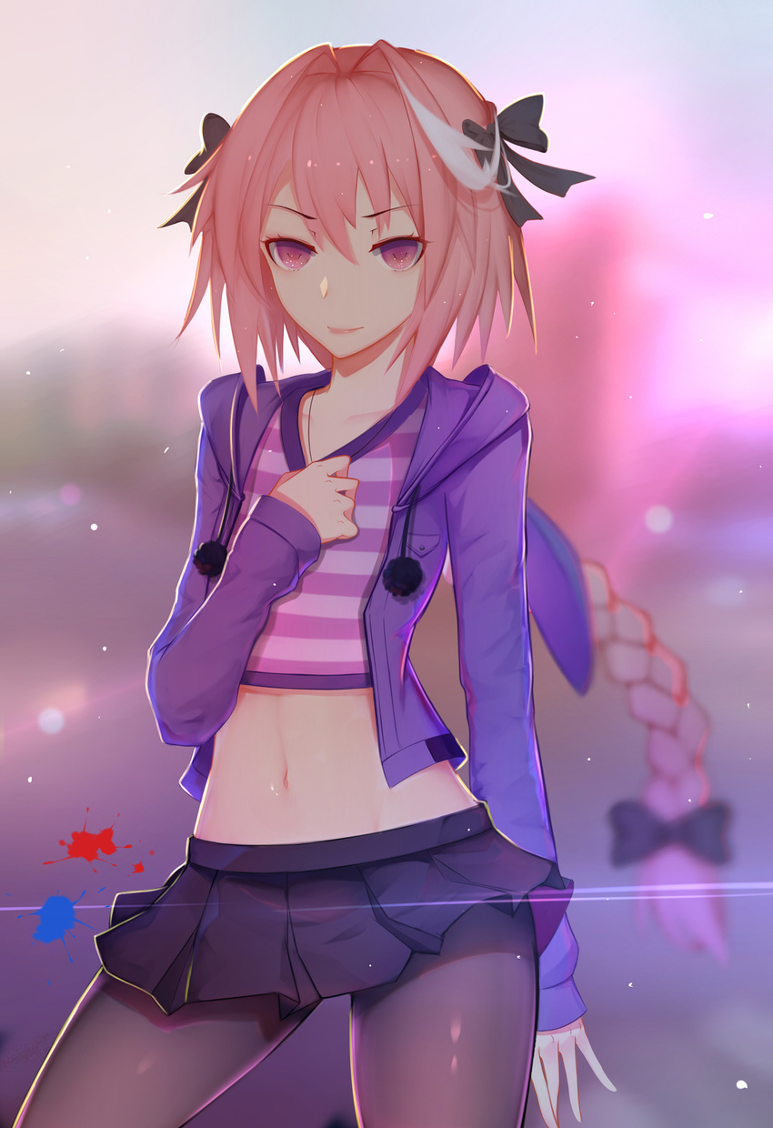 astolfo_(fate) black_bow black_legwear black_skirt bow braid closed_mouth contrapposto cowboy_shot fate/apocrypha fate/grand_order fate_(series) hair_intakes hand_on_own_chest highres hood hooded_jacket jacket kugutsu_(961598140) long_hair looking_at_viewer male_focus midriff miniskirt multicolored_hair navel open_clothes open_jacket otoko_no_ko paint_splatter pantyhose pink_hair pink_lips pleated_skirt purple_eyes shirt single_braid skirt standing streaked_hair striped striped_shirt very_long_hair