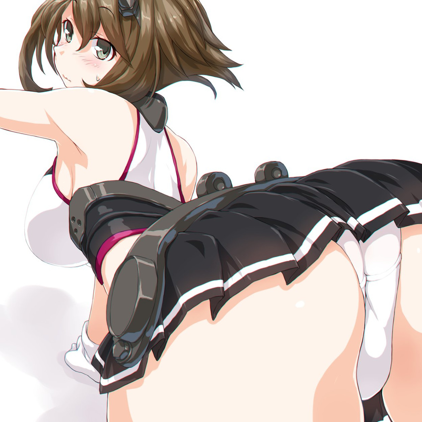 arm_support arm_up ass bare_shoulders brown_hair closed_mouth dd_(ijigendd) eyebrows_visible_through_hair from_side gloves green_eyes hair_between_eyes headgear highres kantai_collection miniskirt mutsu_(kantai_collection) panties pleated_skirt short_hair simple_background skirt solo sweatdrop underwear wavy_mouth white_background white_gloves white_panties