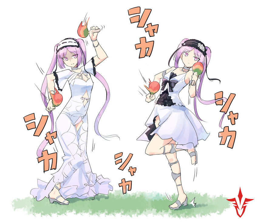 bare_shoulders black_bow bow command_spell dancing dress euryale fate/grand_order fate_(series) frills frown hairband highres holding holding_instrument instrument knees_together_feet_apart leg_up lolita_hairband long_hair looking_at_viewer maracas midriff multiple_girls panties purple_eyes purple_hair ribbon sandals see-through shaded_face siblings sisters sketch smile stheno sutaa_dasuto-kun twintails underwear very_long_hair white_background white_bow white_dress white_ribbon