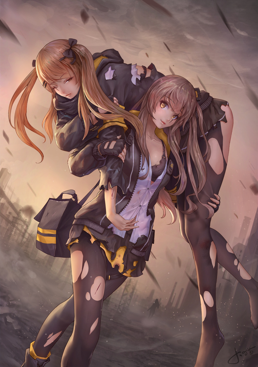 artist_name bangs black_bow black_bra black_gloves black_skirt bow bra brown_eyes brown_hair carrying closed_mouth commentary cuts fingerless_gloves fireman's_carry girls_frontline gloves grey_hair hair_bow highres hood hoodie injury jacket jay_xu light_smile lips long_hair md5_mismatch miniskirt multiple_girls one_eye_closed one_side_up open_clothes open_jacket outdoors pantyhose ruins shirt sidelocks signature silhouette skirt smile standing torn_clothes torn_legwear torn_skirt twintails ump45_(girls_frontline) ump9_(girls_frontline) underwear walking white_shirt