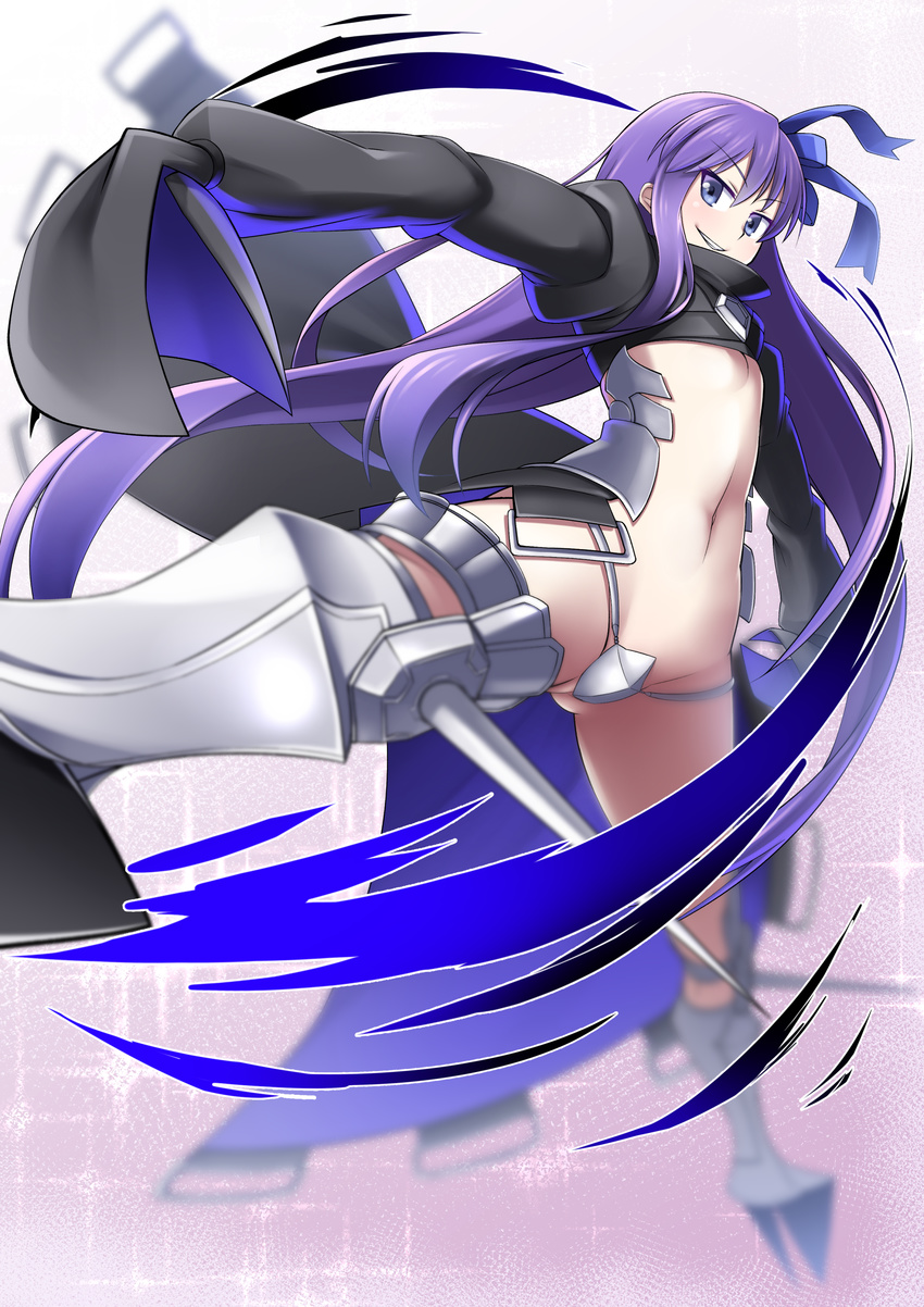absurdres armor armored_boots blue_eyes boots breasts commentary_request crotch_plate fate/extra fate/extra_ccc fate/grand_order fate_(series) hair_ribbon highres kirisame_mia long_hair long_sleeves looking_at_viewer meltlilith navel purple_hair revealing_clothes ribbon small_breasts smile solo very_long_hair