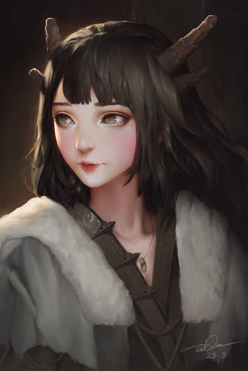 bangs black_hair brown_eyes closed_mouth coat commentary dao_trong_le dated eyelashes fur-trimmed_coat fur_trim highres horns jewelry lips long_hair md5_mismatch necklace nose original red_lips signature solo upper_body watermark