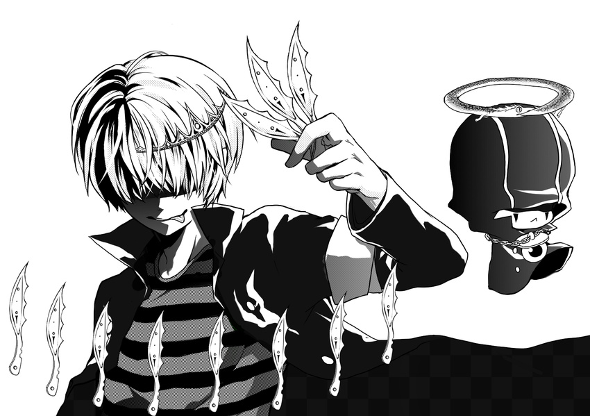 furikake_(appuntament) greyscale hair_over_eyes katekyo_hitman_reborn! male_focus mammon_(reborn) monochrome multiple_boys shirt short_hair smile striped striped_shirt tiara