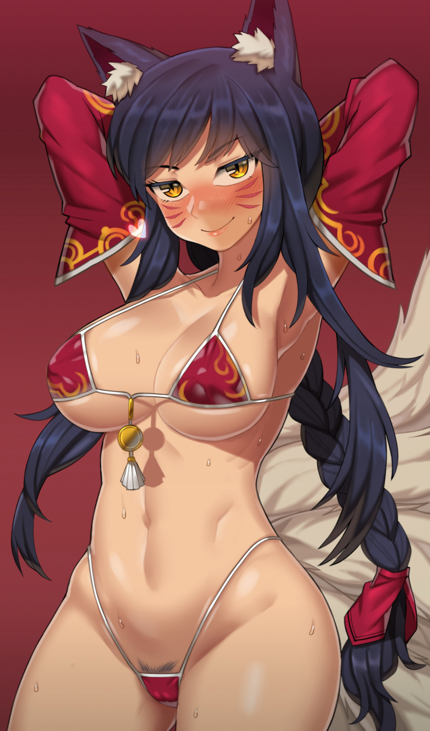 &gt;:) absurdres ahri animal_ears armpits arms_up bare_shoulders bikini black_hair blush braid breasts cleavage closed_mouth collarbone contrapposto cowboy_shot detached_sleeves eyebrows_visible_through_hair facial_mark fox_ears fox_tail groin hand_behind_head heart highleg highleg_bikini highres large_breasts league_of_legends long_hair looking_at_viewer multiple_tails nose_blush nt00 paid_reward patreon_reward pubic_hair pubic_hair_peek red_bikini sidelocks single_braid slit_pupils smile solo standing string_bikini sweat swimsuit tail v-shaped_eyebrows very_long_hair whisker_markings yellow_eyes