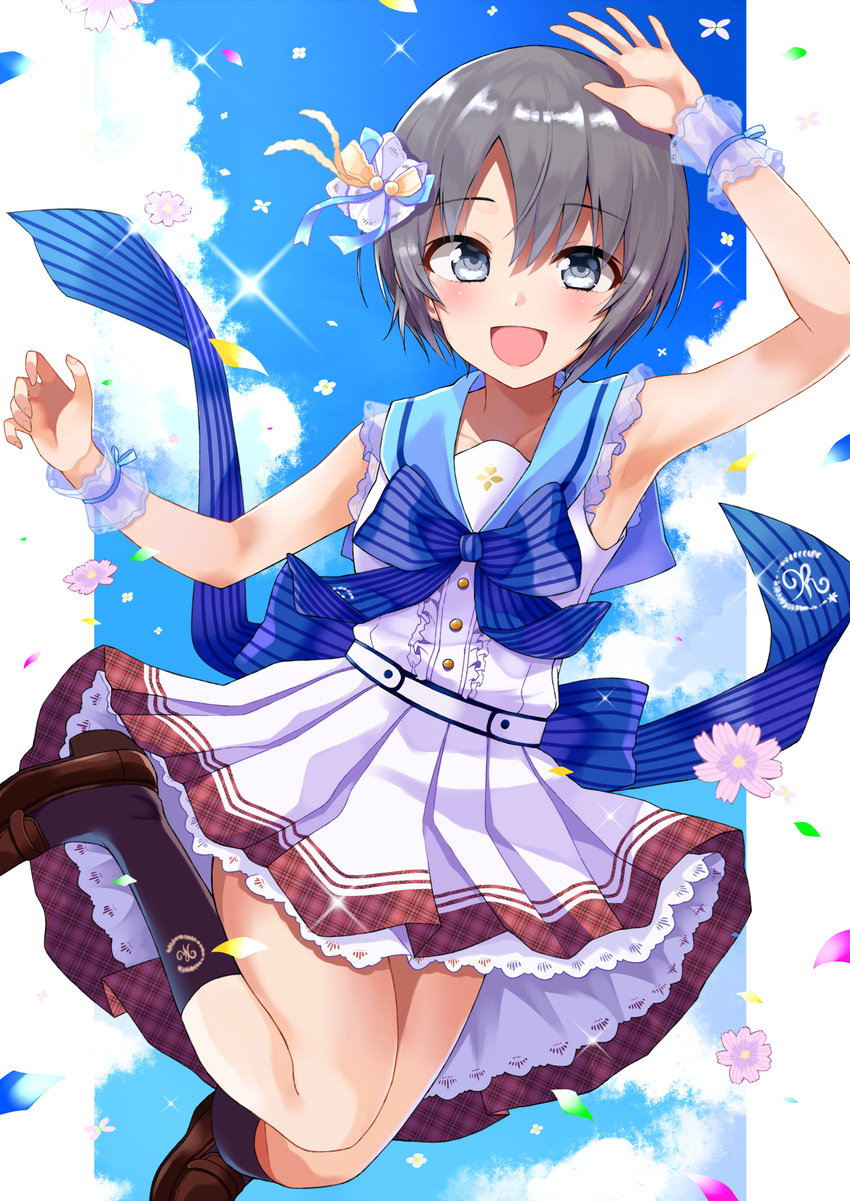 black_eyes blush bow cloud cloudy_sky commentary_request day dress flower gomashi_(goma) grey_hair hair_ornament highres idolmaster idolmaster_cinderella_girls idolmaster_cinderella_girls_starlight_stage looking_at_viewer navel open_mouth otokura_yuuki sailor_dress short_hair sky smile solo