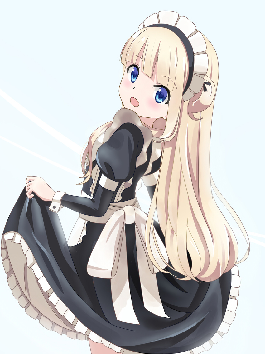 :d apron bangs black_ribbon black_shirt black_skirt blonde_hair blue_background blue_eyes blunt_bangs blush commentary cowboy_shot eyebrows_visible_through_hair frilled_apron frilled_skirt frills from_side hair_ribbon highres hiiragi_mayuki hinako_note juliet_sleeves leaning_back long_hair long_sleeves looking_at_viewer looking_to_the_side maid maid_headdress one_side_up open_mouth puffy_sleeves ribbon shirt simple_background skirt skirt_hold sleeve_cuffs smile solo standing tk_(tk47773) very_long_hair white_apron