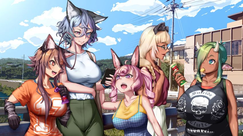 animal_ears asagaya_rin blonde_hair blue_eyes breasts brown_hair building cat_ears cellphone cloud cow_ears day earrings food glasses green_hair grey_hair hair_over_one_eye heterochromia highres horns jewelry large_breasts long_hair morinobe_hiyori mouth_hold multiple_girls muscle muscular_female open_mouth original outdoors overhead_line phone pink_eyes pink_hair red_eyes semi-rimless_eyewear shinonome_hanabi short_hair short_hair_with_long_locks sky smartphone toyosaka_momo yagatake_arashi yana_(nekoarashi)