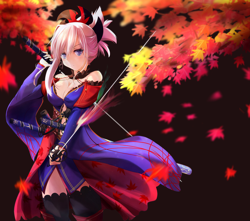 autumn_leaves bad_id bad_pixiv_id blue_eyes breasts detached_sleeves earrings fate/grand_order fate_(series) fuyukeu hair_ornament japanese_clothes jewelry katana kimono large_breasts looking_at_viewer miyamoto_musashi_(fate/grand_order) pink_hair ponytail sash solo sword thighhighs weapon