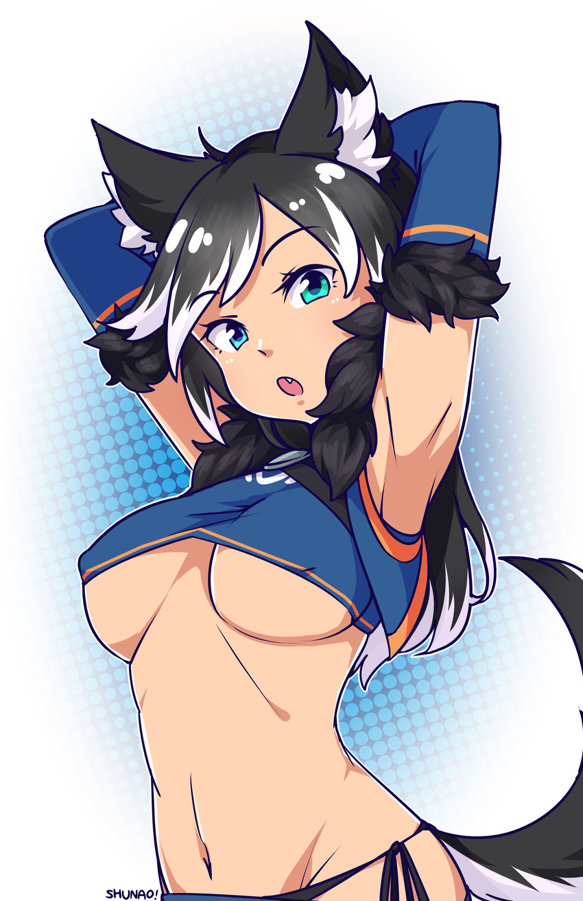 absurdres animal_ears armpits arms_up bikini black_hair blue_eyes borrowed_character breasts bunny_and_fox_world covered_nipples crop_top cryska_(rune_ocarina) detached_sleeves eyebrows_visible_through_hair fang green_eyes heterochromia highres large_breasts long_hair looking_at_viewer lyn_(shunao) multicolored_hair navel original side-tie_bikini solo streaked_hair swimsuit tail underboob upper_body white_hair wolf_ears wolf_tail