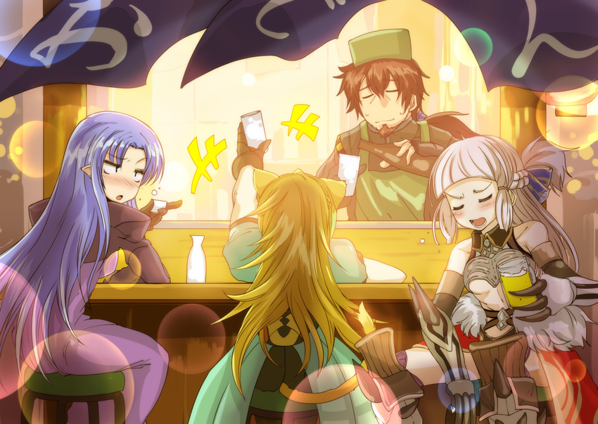 3girls alcohol animal_ears atalanta_(fate) beer blonde_hair bottle brown_hair caster choko_(cup) commentary cup drunk facial_hair fate/grand_order fate_(series) food_stand goatee grimjin hector_(fate/grand_order) lion_ears multiple_girls noren penthesilea_(fate/grand_order) pointy_ears purple_hair sake sake_bottle tail white_hair yatai