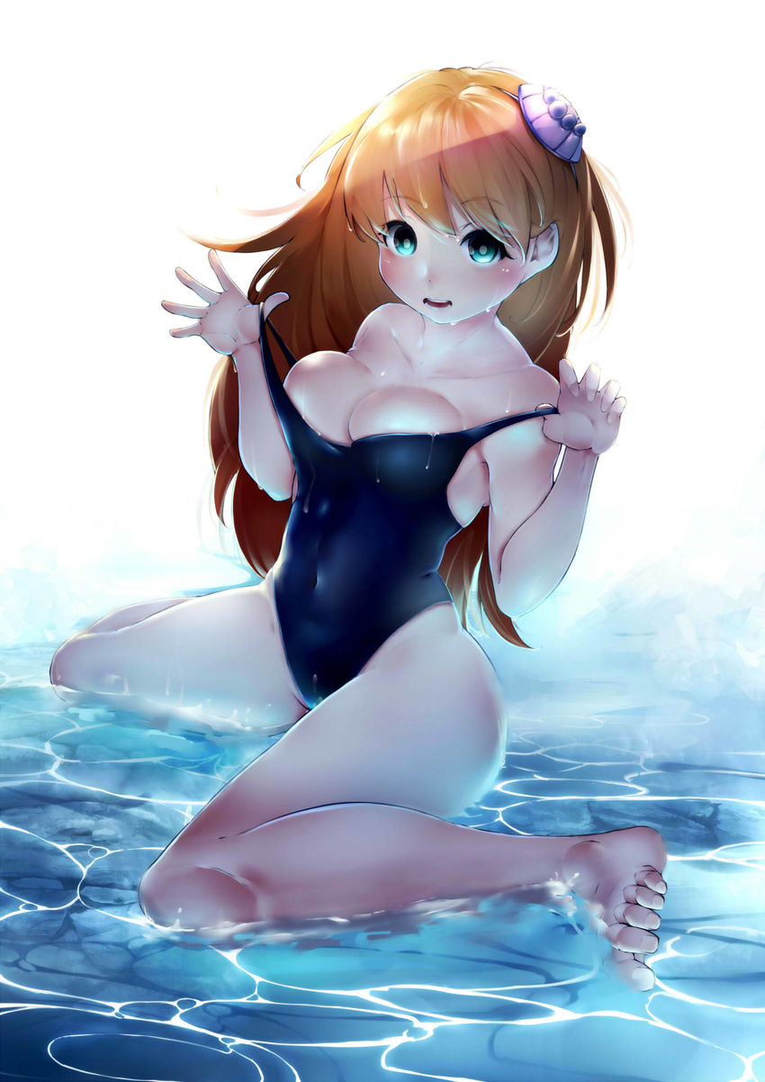 aqua_eyes bad_feet barefoot breasts brown_hair cleavage collarbone covered_navel elizax9x highres long_hair medium_breasts open_mouth original shallow_water simple_background solo swimsuit thighs water white_background