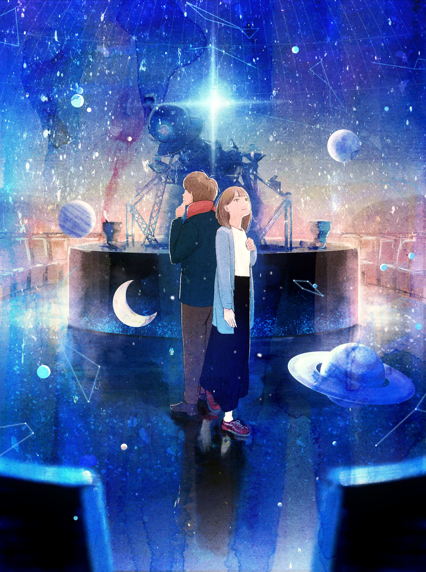 1girl absurdres blazer blue brown_eyes brown_hair chair constellation crescent_moon hand_on_own_chin highres indoors jacket looking_up moon nakamura_yukihiro original planet planetarium reflection scarf scenery shoes skirt smile sneakers star_(sky) texture