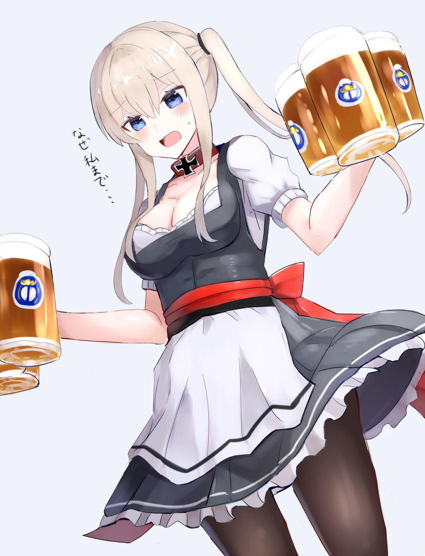 alcohol alternate_costume apron bangs beer beer_mug black_dress blonde_hair blue_background blue_eyes blush bow breasts brown_legwear cleavage collar cowboy_shot cup dirndl dress dutch_angle eyebrows_visible_through_hair frilled_dress frills german_clothes graf_zeppelin_(kantai_collection) hair_tie highres holding holding_cup iron_cross kantai_collection long_hair looking_down medium_breasts pantyhose red_bow sash short_sleeves sidelocks simple_background solo standing sweat translated twintails waist_apron white_apron xenonstriker