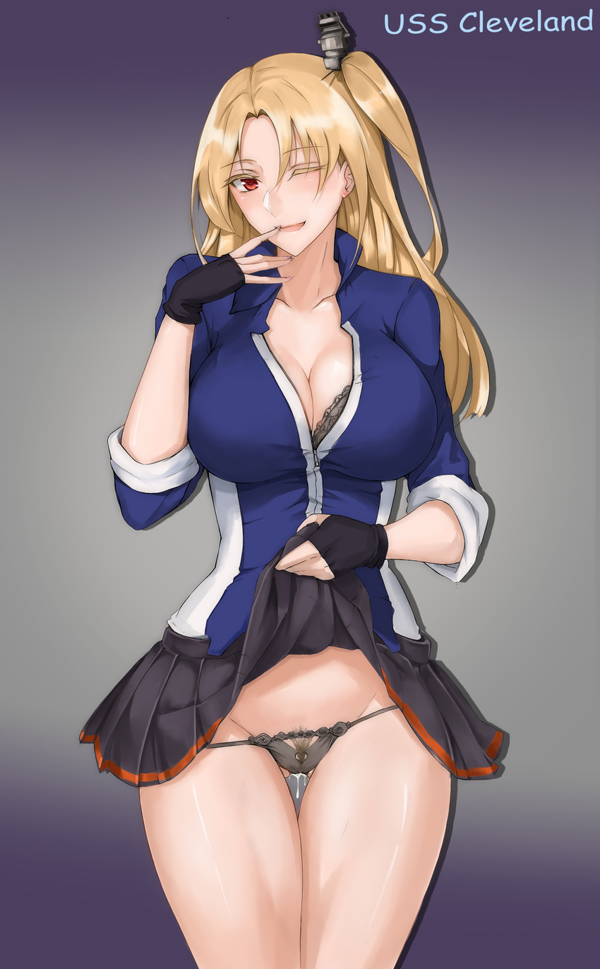 ;q absurdres alternate_breast_size ass_visible_through_thighs azur_lane black_bra black_panties blonde_hair blush bra breasts cleavage cleveland_(azur_lane) cowboy_shot finger_to_mouth fingerless_gloves gloves highres large_breasts licking_lips lifted_by_self lingerie lips long_hair looking_at_viewer miniskirt nail_polish one_eye_closed one_side_up panties pink_nails pleated_skirt pubic_hair pussy_juice red_eyes rosaline skirt sleeves_rolled_up smile solo thigh_gap tongue tongue_out underwear zipper