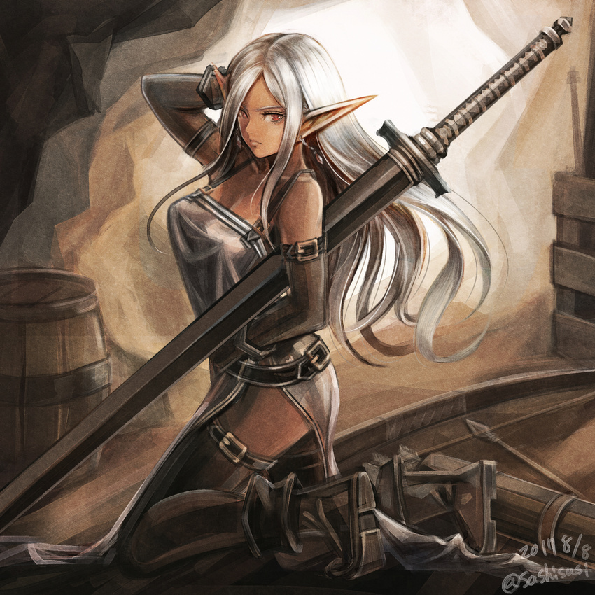 arm_belt arrow bangs barrel belt bow_(weapon) breasts cleavage dark_elf dark_skin dated dress earrings elbow_gloves elf from_side gloves hand_in_hair highres indoors jewelry kneeling light_frown lips long_hair long_sword looking_at_viewer looking_to_the_side medium_breasts on_floor original parted_bangs pointy_ears quiver red_eyes shiny shiny_hair side_slit silver_dress silver_hair sleeveless sleeveless_dress solo sushi_(sashimise) thigh_strap thighhighs twitter_username weapon