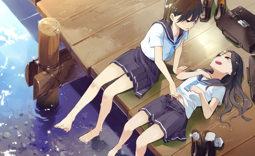 bag barefoot brown_hair feet highres long_hair looking_at_another lying multiple_girls on_back open_mouth original outdoors pier saitou_yuu school_briefcase school_uniform shoes_removed short_hair sitting soaking_feet touching water wooden_floor yuri