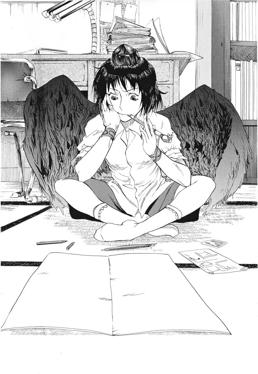 bangs book book_stack bookshelf bulletin_board chair collared_shirt commentary_request desk desk_lamp drawing feathered_wings greyscale highres indian_style indoors kuranoko_emaki lamp looking_down monochrome nib_pen_(medium) on_floor open_collar paper pencil shameimaru_aya shirt short_hair short_sleeves sitting sitting_on_floor skirt socks solo tatami thinking touhou traditional_media untucked_shirt wings