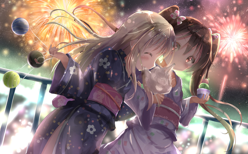 alternate_costume bangs blonde_hair blurry blush bokeh bow brown_eyes brown_hair closed_eyes commentary_request cotton_candy depth_of_field dutch_angle eating eyebrows_visible_through_hair fence festival fireworks flat_chest floral_print food hair_bow highres holding holding_food ice_cream japanese_clothes kantai_collection kimono libeccio_(kantai_collection) long_hair long_sleeves looking_at_viewer mouth_hold multiple_girls na!?_(naxtuyasai) night night_sky obi outdoors profile ro-500_(kantai_collection) sash sharing_food side-by-side sky star_(sky) twintails wide_sleeves yukata yuri