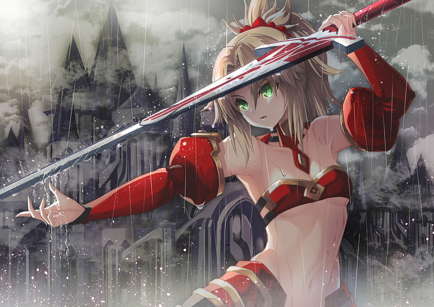 arm_up bandeau blonde_hair braid breasts castle clarent cloud cloudy_sky commentary_request detached_collar detached_sleeves fate/apocrypha fate_(series) fog french_braid glowing glowing_eyes green_eyes hair_ornament hair_scrunchie holding holding_sword holding_weapon medium_breasts midriff mordred_(fate) mordred_(fate)_(all) navel open_mouth outdoors outstretched_arm ponytail rain red_scrunchie scrunchie sky solo standing suishougensou sword water water_drop weapon wet