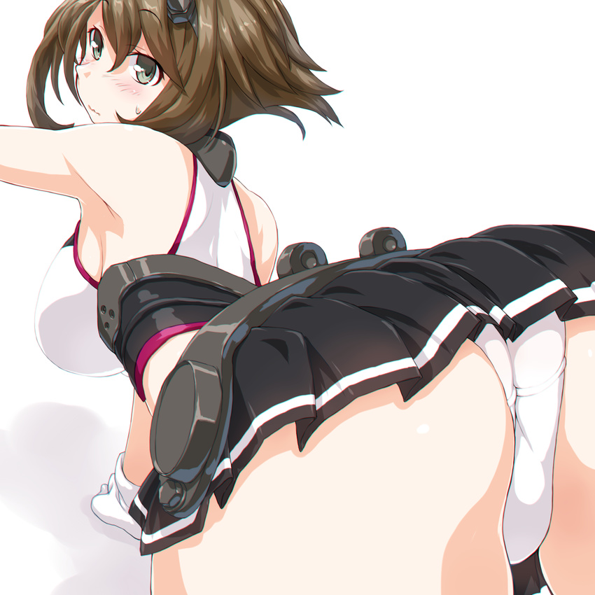 arm_support arm_up ass bare_shoulders black_skirt blush breasts brown_hair closed_mouth dd_(ijigendd) eyebrows_visible_through_hair flipped_hair from_side gloves green_eyes hair_between_eyes headgear highres kantai_collection large_breasts looking_at_viewer miniskirt mutsu_(kantai_collection) panties pleated_skirt short_hair simple_background skirt solo sweatdrop underwear wavy_mouth white_background white_gloves white_panties