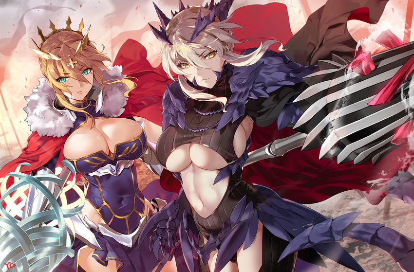aqua_eyes arm_up artoria_pendragon_(all) artoria_pendragon_(lancer) artoria_pendragon_(lancer_alter) blonde_hair braid breasts cape center_opening cleavage cleavage_cutout closed_mouth covered_navel cowboy_shot crown dutch_angle eyebrows_visible_through_hair fate/grand_order fate_(series) flag fur_trim gauntlets grey_hair hair_between_eyes hair_ornament highres hip_vent lance large_breasts multiple_girls navel outdoors outstretched_arm pauldrons polearm sidelocks sunlight thighhighs turtleneck underboob weapon yang-do yellow_eyes