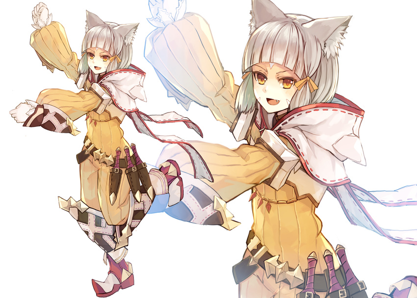 :d absurdres animal_ears ankle_boots arm_up bangs belt blunt_bangs bodysuit boots brown_belt cat_ears clenched_hands dagger dancing diamond_(shape) eyebrows eyelashes facial_mark fang flat_chest full_body gem gloves hair_ribbon highres hood hood_down leg_up long_sleeves looking_at_viewer loose_belt natsuyuki niyah open_mouth outstretched_arms platform_footwear ribbed_bodysuit ribbon ribbon-trimmed_clothes ribbon_trim sheath sheathed short_hair silver_hair simple_background smile solo standing standing_on_one_leg the_monkey tongue tsurime v-shaped_eyebrows weapon white_background white_gloves xenoblade_(series) xenoblade_2 yellow_bodysuit yellow_eyes yellow_ribbon zoom_layer