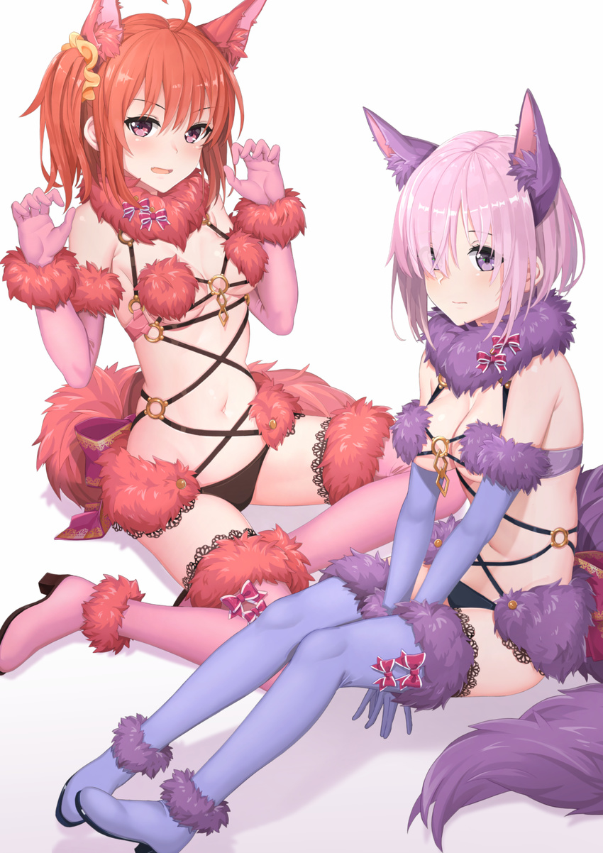 :d alternate_color animal_ears bangs bare_shoulders between_legs blush boots breasts claw_pose cleavage closed_mouth cosplay dangerous_beast detached_collar elbow_gloves eyebrows_visible_through_hair fang fate/grand_order fate_(series) fujimaru_ritsuka_(female) fur-trimmed_gloves fur-trimmed_legwear fur_collar fur_trim gloves hair_ornament hair_scrunchie hand_between_legs highres lace lace-trimmed_thighhighs lace_trim looking_at_viewer mash_kyrielight mash_kyrielight_(cosplay) medium_breasts multiple_girls o-ring open_mouth orange_hair orange_scrunchie pink_eyes pink_gloves pink_hair purple_eyes purple_footwear purple_gloves revealing_clothes scrunchie short_hair shuutou_haruka side_ponytail simple_background sitting small_breasts smile tail tareme thigh_boots thighhighs white_background wolf_ears wolf_tail yokozuwari