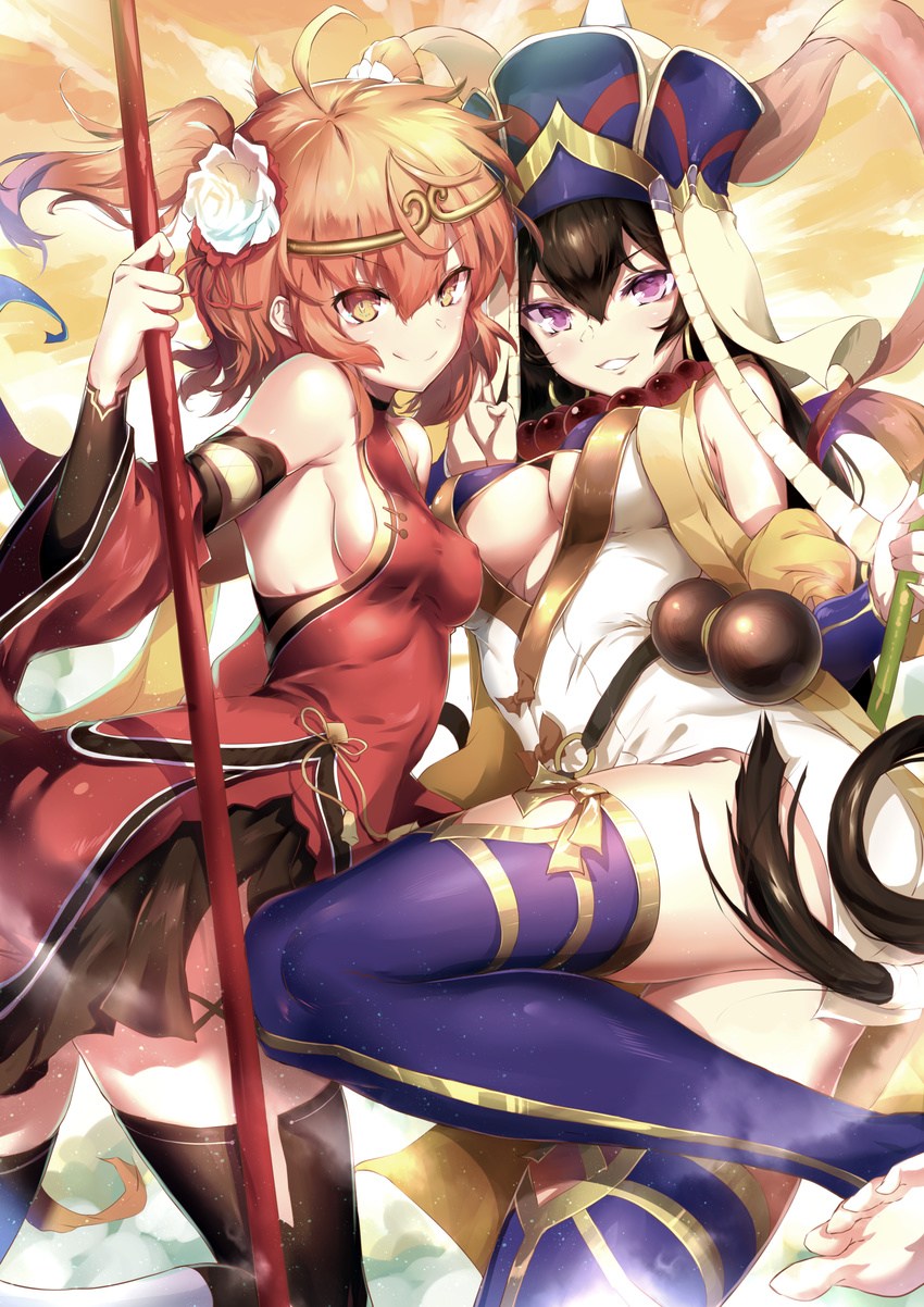 &gt;:) absurdres ahoge alternate_costume bare_shoulders barefoot black_hair black_legwear breasts chinese_clothes circlet cleavage covered_nipples detached_sleeves eyebrows_visible_through_hair fate/grand_order fate_(series) flower from_side fujimaru_ritsuka_(female) gourd hair_between_eyes hair_flower hair_ornament hat highres huge_filesize jewelry journey_to_the_west large_breasts leg_up long_hair looking_at_viewer multiple_girls navy_blue_legwear necklace orange_eyes orange_hair outdoors parted_lips polearm purple_eyes sash shanyao_jiang_tororo sideboob skirt small_breasts smile staff thighhighs two_side_up underboob v-shaped_eyebrows very_long_hair weapon wide_sleeves xuanzang_(fate/grand_order)