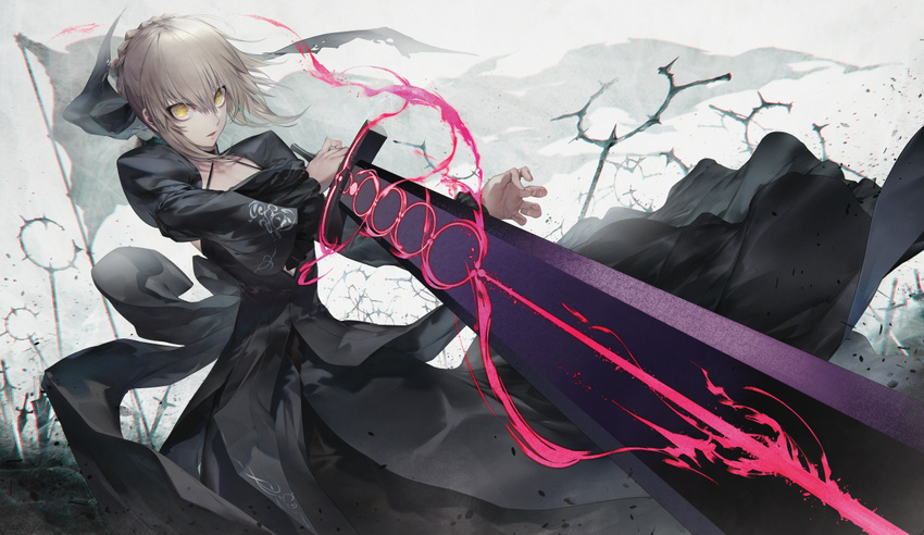 artoria_pendragon_(all) bangs black_dress blonde_hair braid closed_mouth commentary_request dark_excalibur dress fate/stay_night fate_(series) flag french_braid gothic_lolita grey_hair hair_between_eyes kodama_(wa-ka-me) lolita_fashion long_sleeves looking_at_viewer outdoors planted_sword planted_weapon platinum_blonde_hair reverse_grip saber_alter sidelocks smog solo sword tsurime weapon yellow_eyes