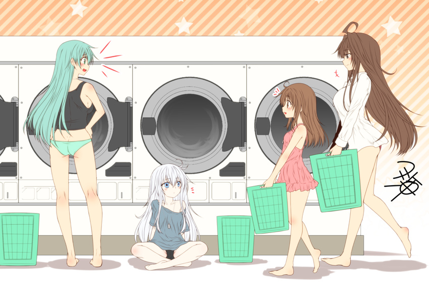 /\/\/\ 4girls ahoge alternate_costume ass barefoot black_panties blue_eyes blue_shirt breasts brown_eyes brown_hair commentary_request green_eyes green_hair green_panties hair_between_eyes hibiki_(kantai_collection) inazuma_(kantai_collection) jewelry kantai_collection kongou_(kantai_collection) large_breasts laundromat laundry laundry_basket long_hair long_sleeves multiple_girls necklace panties shirt short_sleeves signature silver_hair star striped striped_background suzuya_(kantai_collection) underwear washing_machine white_shirt yua_(checkmate)