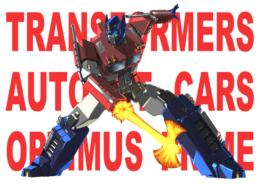 80s autobot axe blue_eyes character_name copyright_name energy_axe full_body glowing headgear insignia looking_away machinery mecha no_humans oldschool optimus_prime paintedmike simple_background solo standing transformers weapon white_background