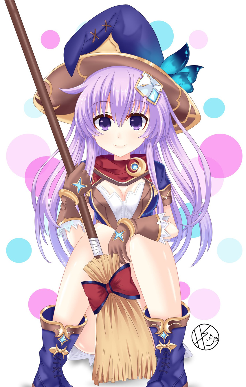 boots breasts broom cleavage covering covering_crotch dress four_goddesses_online:_cyber_dimension_neptune gloves hair_ornament hat helvetica_5tandard highres jewelry knees_together_feet_apart long_hair looking_at_viewer medium_breasts nepgear neptune_(series) purple_eyes purple_hair ribbon short_dress sitting solo witch_hat