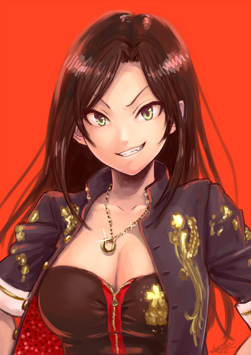 1girl artist_request black_hair breasts cleavage fang female green_eyes grin idolmaster idolmaster_cinderella_girls large_breasts long_hair looking_at_viewer mukai_takumi shiny shiny_skin simple_background smile solo upper_body