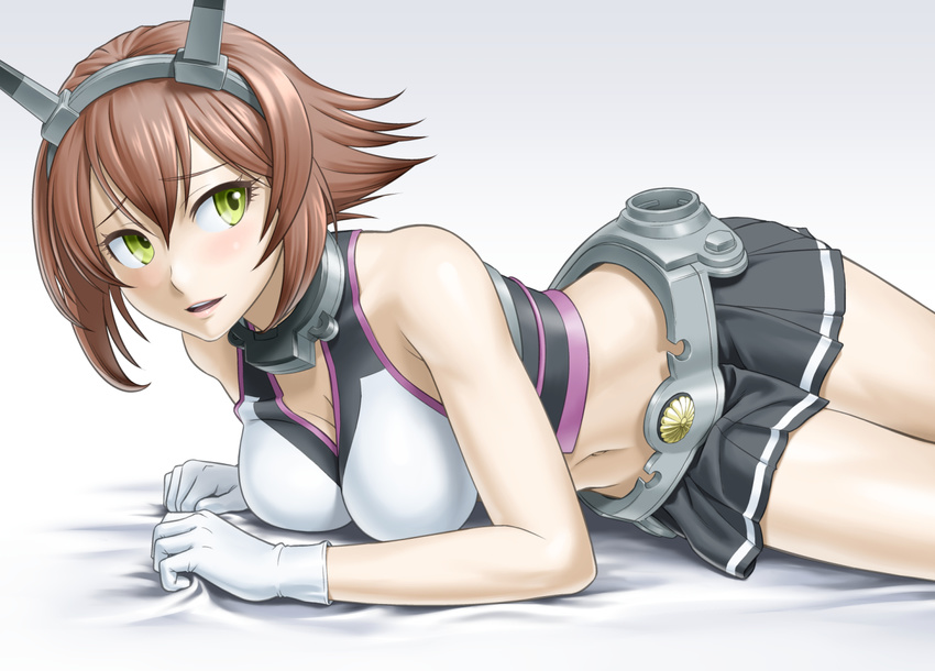 bare_shoulders bed_sheet black_skirt blush breasts brown_hair cleavage collar collarbone flipped_hair gloves green_eyes headgear ichikawa_masahiro kantai_collection lips looking_back medium_breasts midriff miniskirt mutsu_(kantai_collection) navel on_bed parted_lips pleated_skirt short_hair skirt solo striped striped_skirt white_gloves