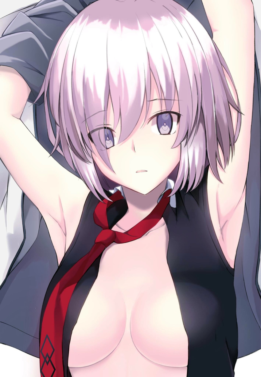 armpits arms_up black_vest blush breasts bright_pupils cleavage collarbone commentary_request expressionless eyebrows_visible_through_hair eyes_visible_through_hair fate/grand_order fate_(series) grey_jacket hair_over_one_eye highres jacket karaage_bou mash_kyrielight medium_breasts necktie no_bra open_clothes open_jacket open_vest parted_lips pink_eyes pink_hair red_neckwear shiny shiny_hair short_hair sleeveless solo upper_body vest
