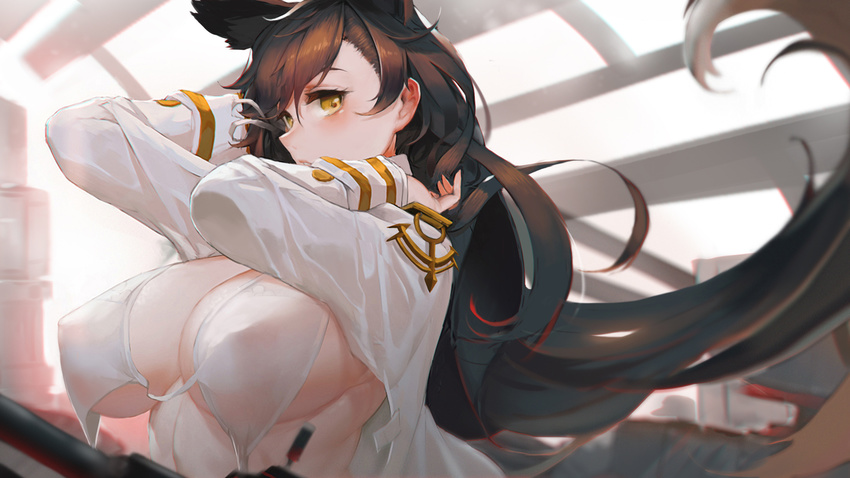 anchor animal_ears arms_up asymmetrical_bangs atago_(azur_lane) azur_lane bangs blurry blush breasts brown_hair cleavage commentary_request covered_nipples depth_of_field extra_ears floating_hair hair_between_eyes hands_in_hair highres huge_breasts indoors jacket long_hair long_sleeves looking_at_viewer military military_uniform one-piece_swimsuit open_clothes open_jacket pandea_work parted_lips solo swimsuit uniform upper_body very_long_hair wallpaper white_jacket white_swimsuit yellow_eyes