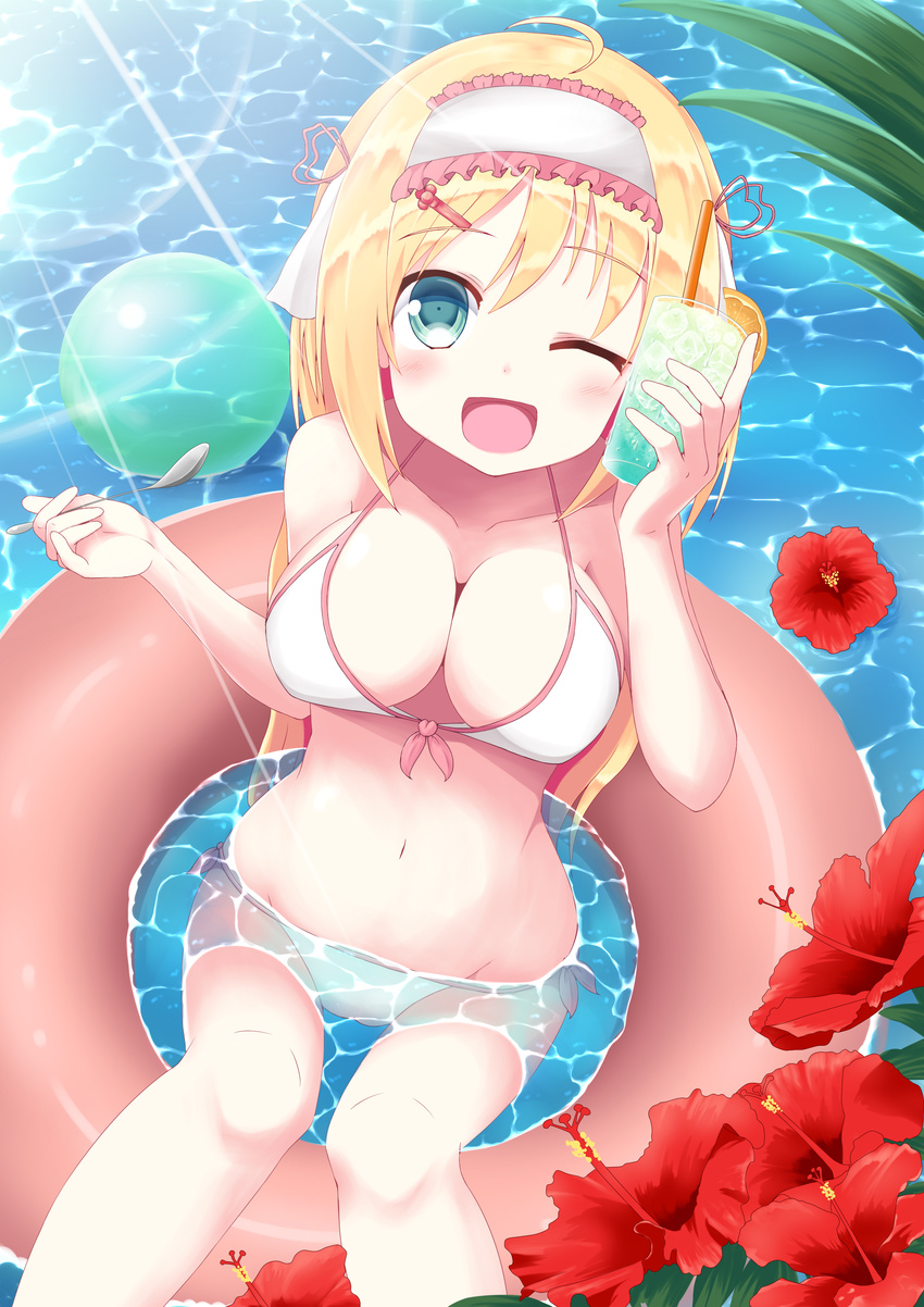 ;d absurdres afloat ahoge bikini blonde_hair blue_eyes breasts cleavage collarbone commentary_request flower glass hairband highres holding ice innertube large_breasts lolita_hairband long_hair looking_at_viewer navel one_eye_closed open_mouth original side-tie_bikini smile solo spoon swimsuit white_bikini yuzutei