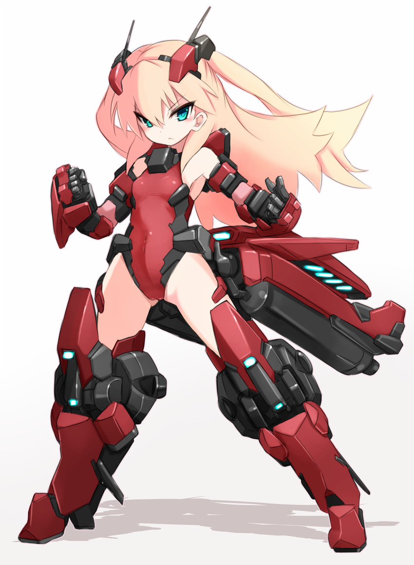 :&lt; aqua_eyes armor armpits blonde_hair blue_eyes boots cameltoe closed_mouth covered_navel densou_tenshi_valforce frown full_body gloves highres karukan_(monjya) leotard long_hair looking_at_viewer md5_mismatch mecha_musume misawa_elena red_footwear red_leotard shadow solo standing thigh_boots thighhighs two_side_up white_background