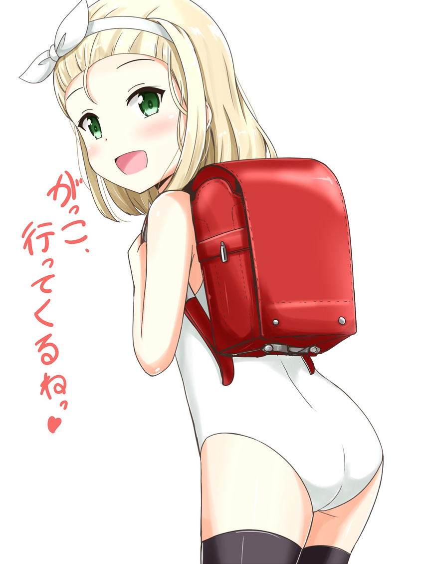 :d aikawa_ryou backpack bag black_legwear blonde_hair commentary_request green_eyes hairband heart highres i-504_(kantai_collection) kantai_collection luigi_torelli_(kantai_collection) one-piece_swimsuit open_mouth randoseru school_swimsuit short_hair simple_background smile solo swimsuit thighhighs translated white_background white_hairband white_school_swimsuit white_swimsuit
