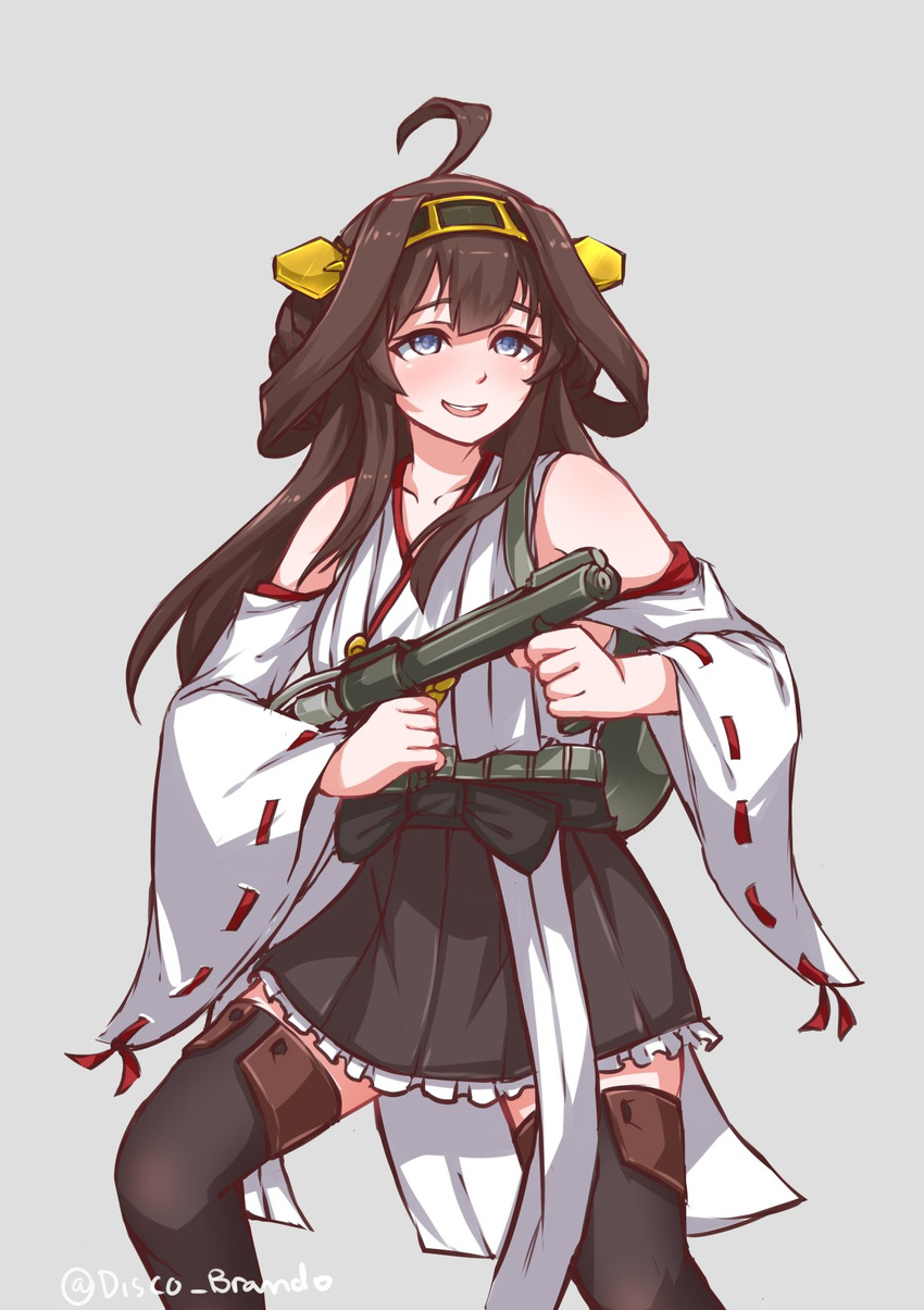 :d ahoge aiming bangs bare_shoulders black_legwear black_skirt blue_eyes blush boots brown_hair commentary disco_brando dress flamethrower frilled_skirt frills grey_background gun headgear highres holding holding_gun holding_weapon japanese_clothes jesus_revenge kantai_collection kongou_(kantai_collection) legs_apart long_hair long_sleeves looking_afar looking_away nontraditional_miko open_mouth pleated_skirt sash simple_background skirt smile solo thigh_boots thighhighs twitter_username weapon white_dress wide_sleeves