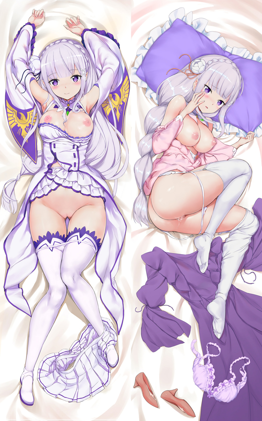 3: absurdres aokihoshi armpits arms_up ass ass_visible_through_thighs bangs blunt_bangs blush boots bra bra_removed braid breasts breasts_outside crown_braid dakimakura detached_collar detached_sleeves dress dress_lift dress_pull emilia_(re:zero) eyebrows_visible_through_hair flower full_body garter_belt hair_flower hair_ornament highres large_breasts lavender_hair long_hair long_legs looking_at_viewer low-tied_long_hair lying multiple_views nipples on_back on_side panties panty_pull pillow pillow_grab pink_dress pleated_skirt pointy_ears purple_bra purple_eyes pussy pussy_juice re:zero_kara_hajimeru_isekai_seikatsu shoes_removed skirt skirt_around_one_leg skirt_lift thigh_boots thigh_gap thighhighs underwear very_long_hair white_legwear white_panties wide_sleeves