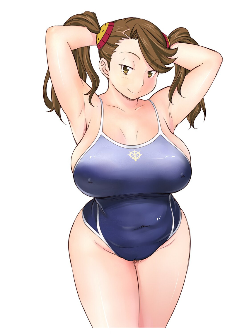 10s 1girl armpits arms_up breasts brown_eyes brown_hair competition_school_swimsuit covered_navel covering_nipples curvy erect_nipples gundam gundam_build_fighters gundam_build_fighters_try highres huge_breasts large_breasts looking_at_viewer naughty_face plump raised_eyebrows sazaki_kaoruko school_swimsuit shoumaru_(gadget_box) simple_background smile solo swimsuit thighs translation_request twintails white_background wide_hips