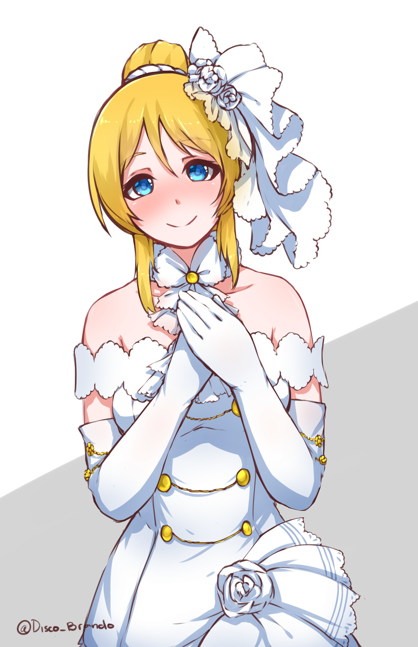 ayase_eli bangs bare_shoulders blonde_hair blue_eyes blush closed_mouth detached_collar disco_brando dress elbow_gloves eyebrows_visible_through_hair flower gloves hair_between_eyes hair_bun hair_ornament hands_on_own_chest hands_together head_tilt highres looking_at_viewer love_live! love_live!_school_idol_project medium_hair rose simple_background smile solo twitter_username upper_body wedding_dress white_background white_dress white_flower white_gloves white_rose