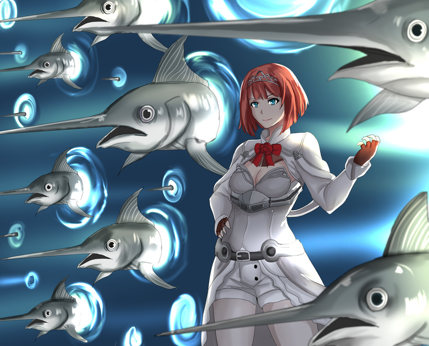 ark_royal_(kantai_collection) blue_eyes bob_cut breasts cleavage commentary drie fate_(series) fingerless_gloves fish gate_of_babylon gloves hairband kantai_collection long_sleeves pantyhose parody red_hair ribbon short_hair small_breasts swordfish tiara