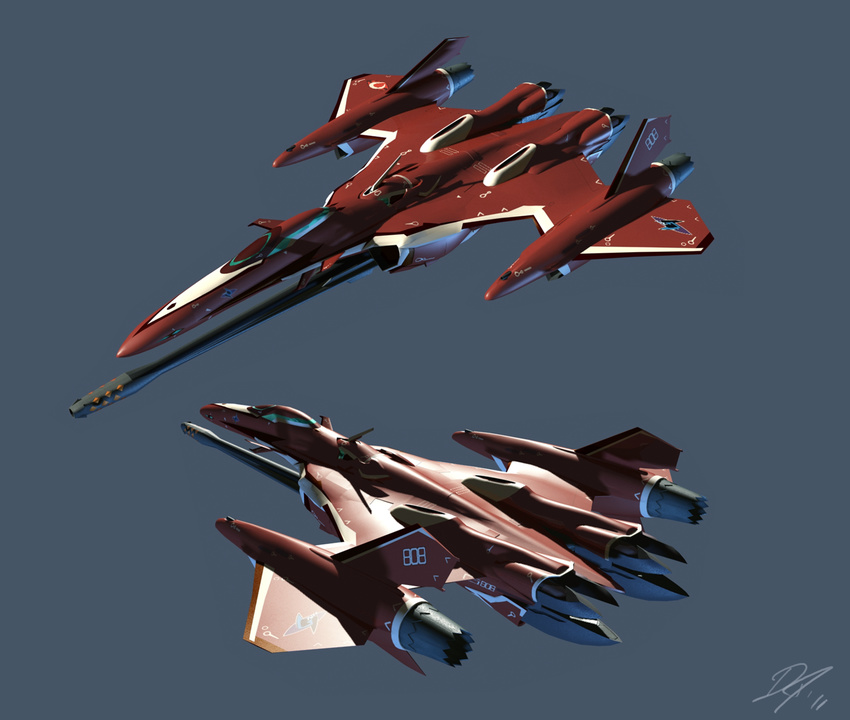 3d canards commentary dated east_coast_canuck energy_cannon flying gunpod highres macross macross_frontier mecha multiple_views n.u.n.s. realistic roundel science_fiction signature variable_fighter vf-27