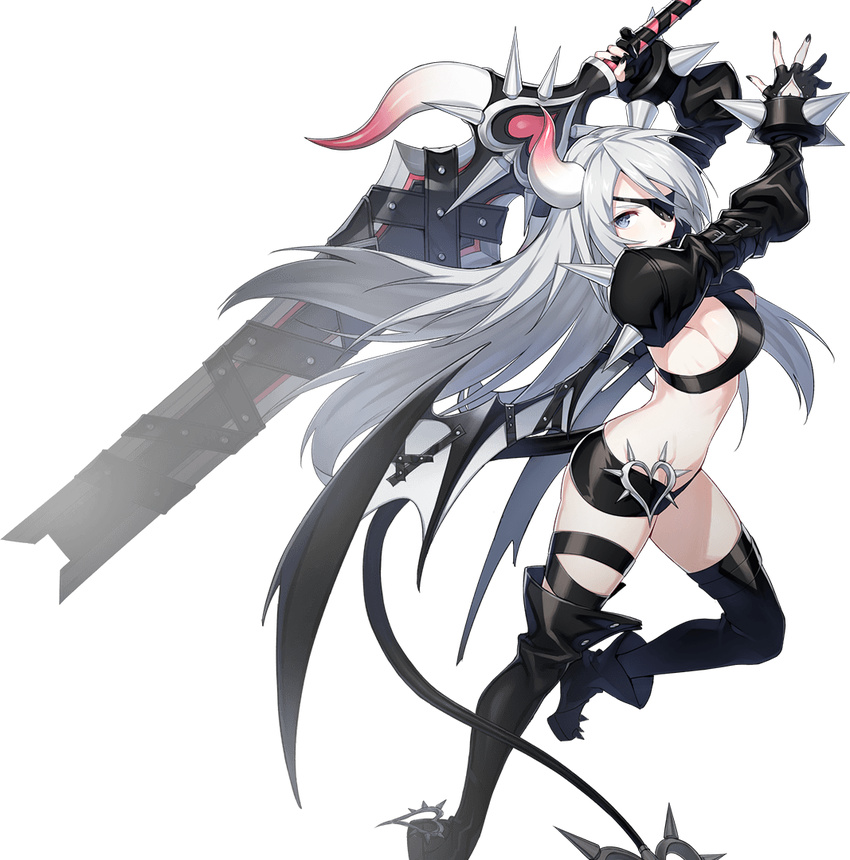 boots bracelet breasts closers demon_girl demon_tail demon_wings eyepatch game_cg gloves grey_eyes horn huge_weapon jewelry leg_up long_hair medium_breasts official_art partly_fingerless_gloves short_shorts shorts sideboob silver_hair solo succubus sword tail thigh_boots thigh_strap thighhighs transparent_background very_long_hair violet_(closers) weapon wings